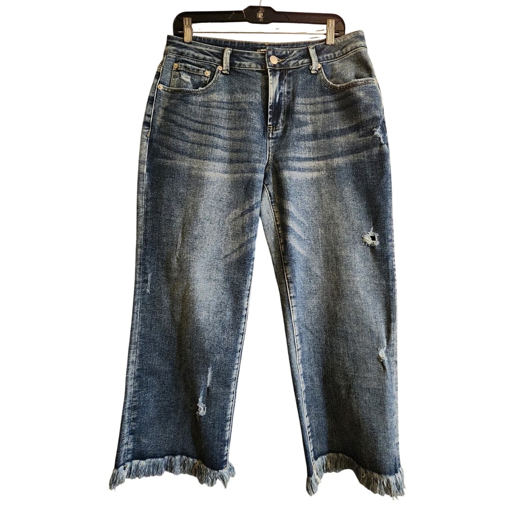 Flamingals Wide Leg Jeans Women Large Blue Excellent Distressed Frayed Hem Denim